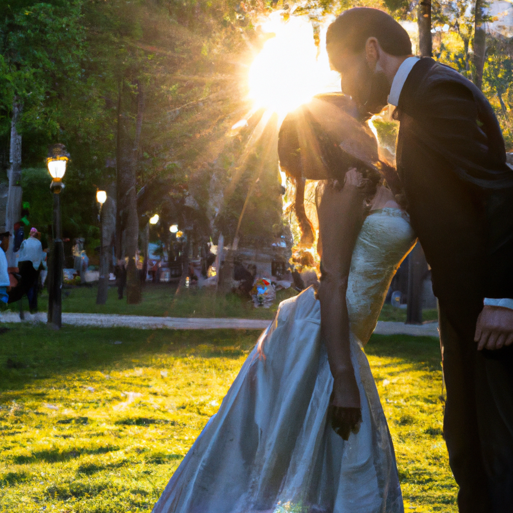 Portfolio: fotografía de boda editorial en Madrid con beso al atardecer y luz dorada